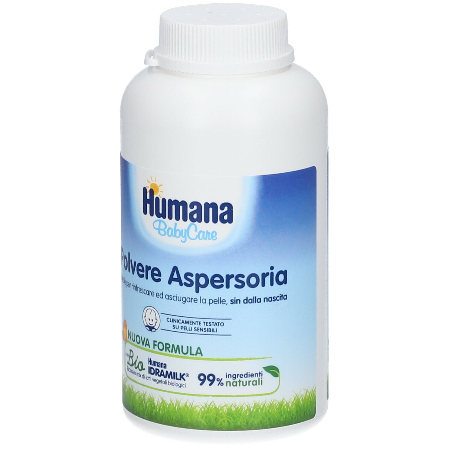 Humana Babypuder Aspergeria. Flacone bianco con etichetta blu. Scritto: Polvere Aspersoria. Formula bio, 99% naturale.