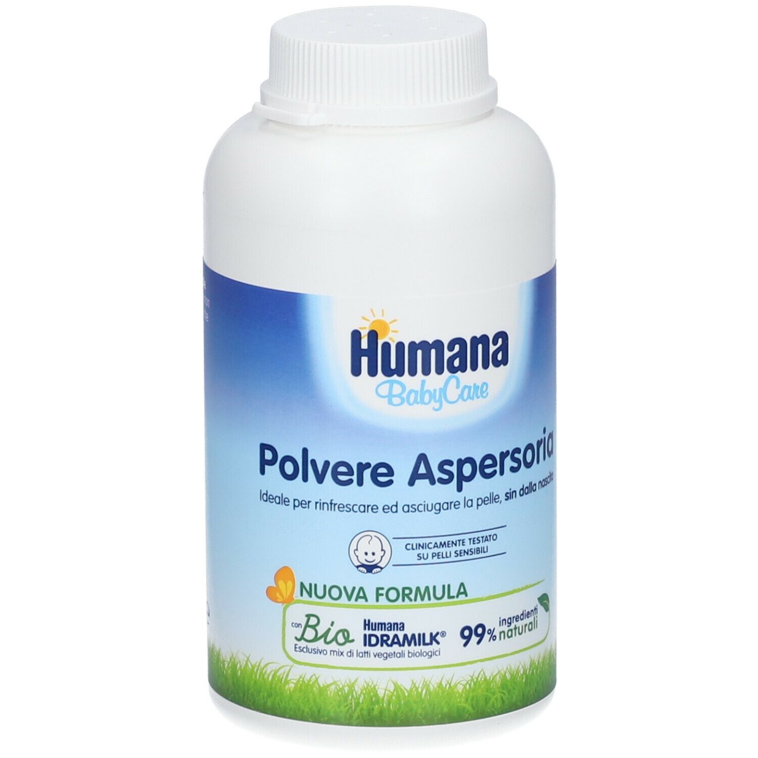 Humana Babypuder Aspergeria. Flacone bianco con etichetta blu. Scritto: Polvere Aspersoria. Formula bio, 99% naturale.