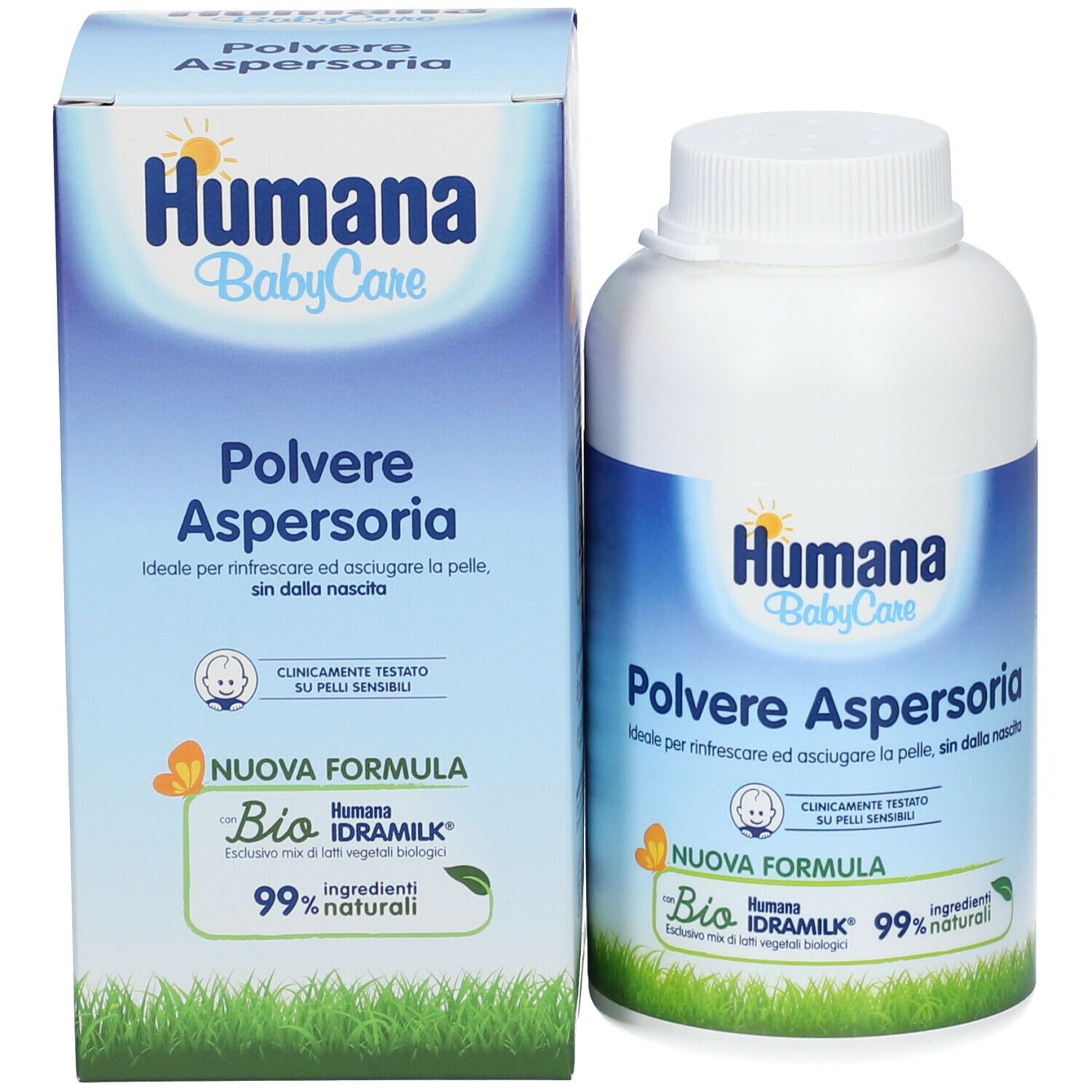 Humana Babypuder Aspergeria. Scatola e flacone. Scritto: Polvere Aspersoria. Formula bio, 99% naturale.