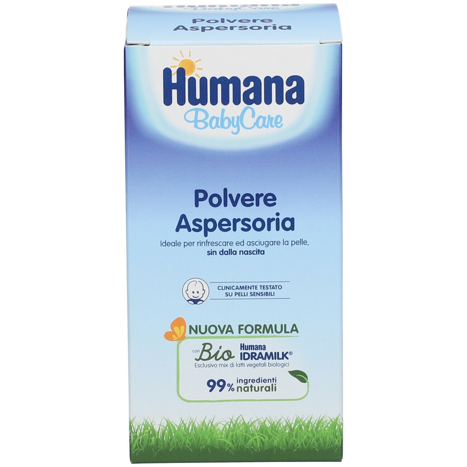Humana Babypuder Aspergeria. Scatola. Scritto: Polvere Aspersoria. Formula bio, 99% naturale.