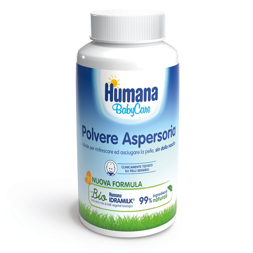 Humana Babypuder Aspergeria. Flacone bianco con etichetta blu. Scritto: Polvere Aspersoria. Formula bio, 99% naturale.