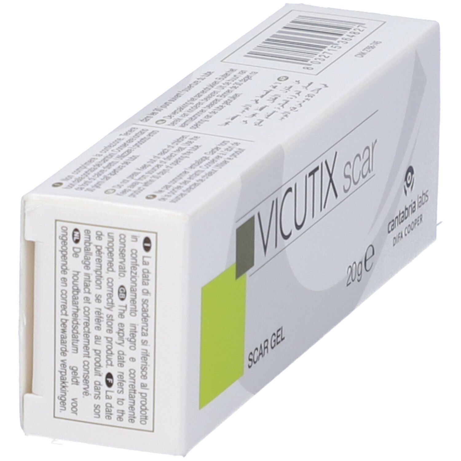 Vicutix Scar Gel-Verpackung, schräg. Weißer Karton mit Produktnamen und Logo. 20g.