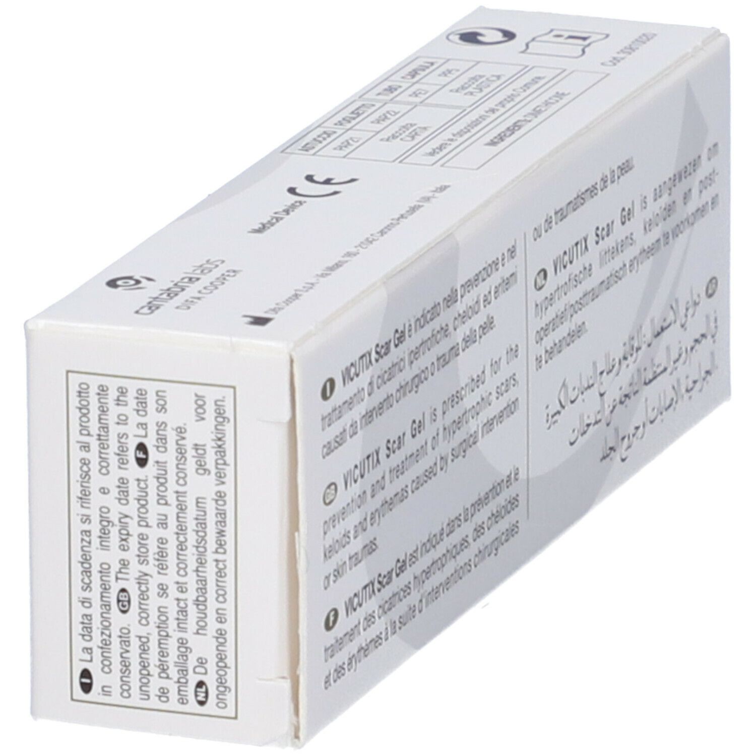 Vicutix Scar Gel-Verpackung, schräg. Text in mehreren Sprachen. Weißer Karton.