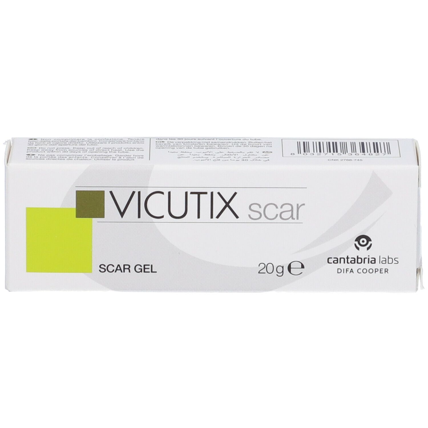 Vicutix Scar Gel-Verpackung. Weißer Karton mit Produktnamen und Logo. 20g.