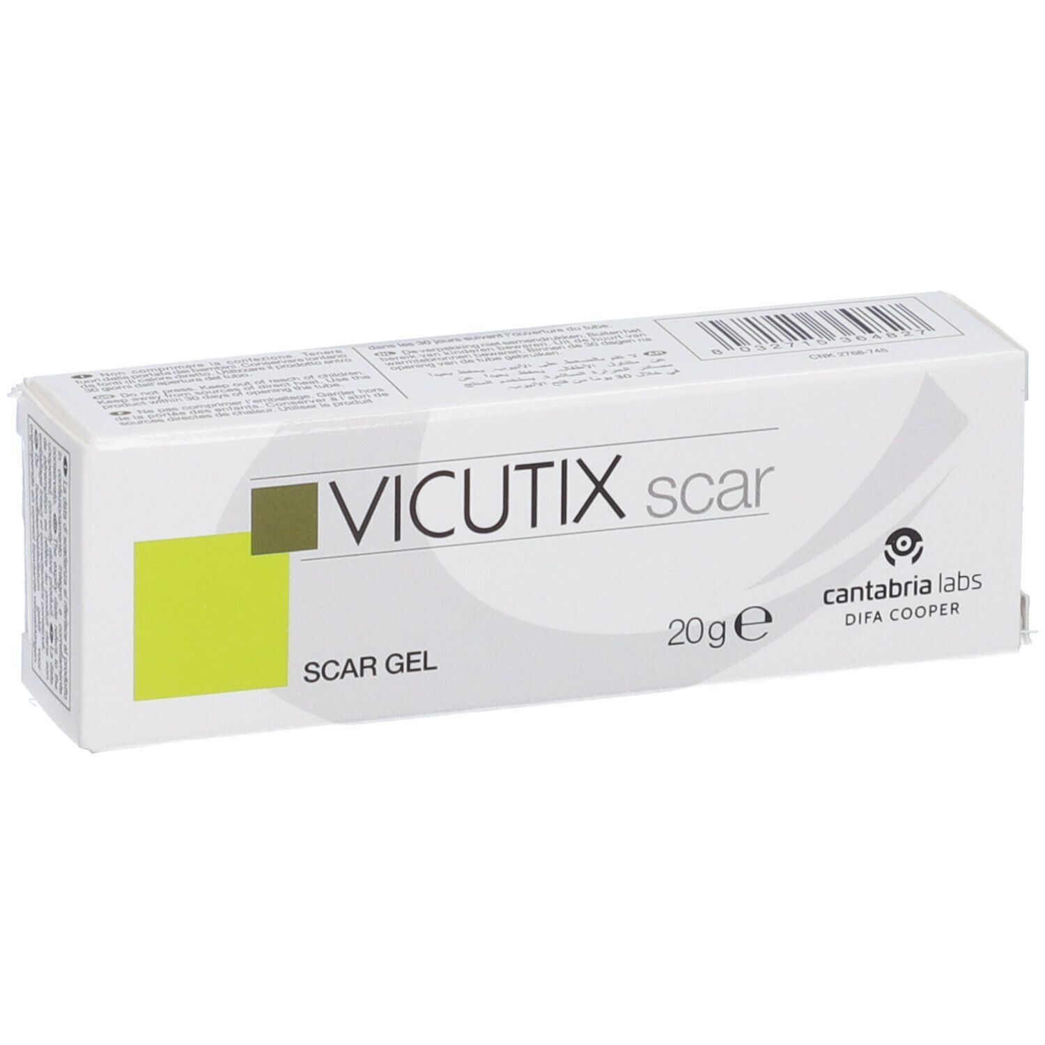 Vicutix Scar Gel-Verpackung. Weißer Karton mit Produktnamen und Logo. 20g.