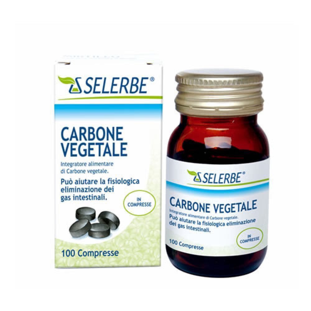 Scatola e flacone di compresse. Scritto: SELERBE Carbone Vegetale. 100 Compresse. Compresse nere.