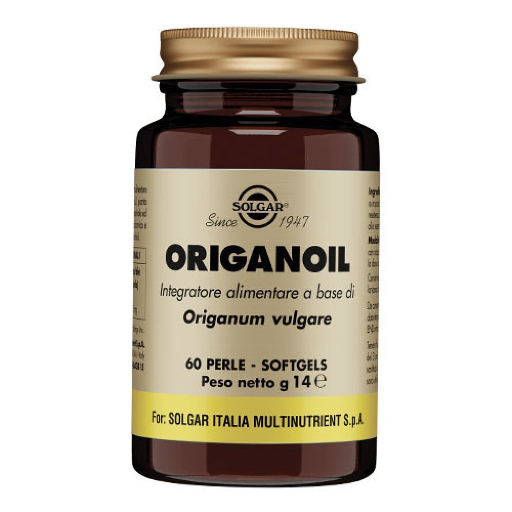 Flacon en verre brun avec bouchon doré. Étiquette avec SOLGAR® et ORIGANOIL. 60 gélules.