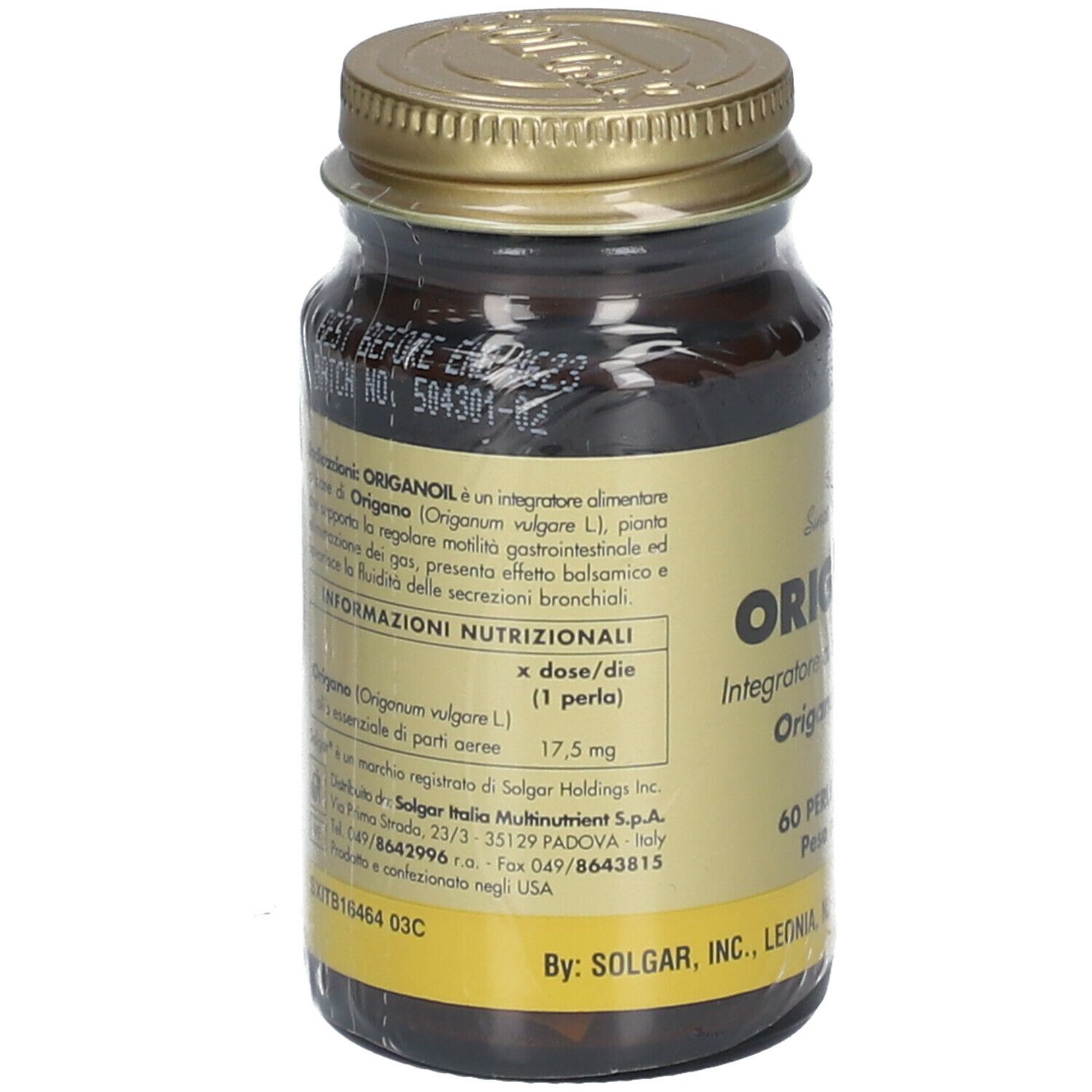 Dos du flacon en verre brun avec bouchon doré. Étiquette avec texte et informations nutritionnelles.