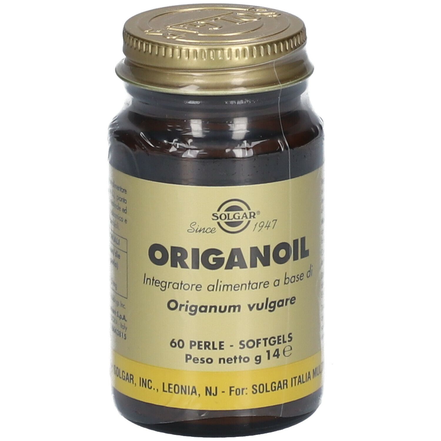 Flacon en verre brun avec bouchon doré. Étiquette avec SOLGAR® et ORIGANOIL. 60 gélules.