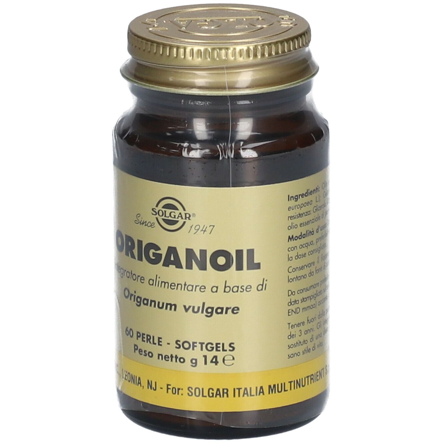 Flacon en verre brun avec bouchon doré. Étiquette avec SOLGAR® et ORIGANOIL. 60 gélules.