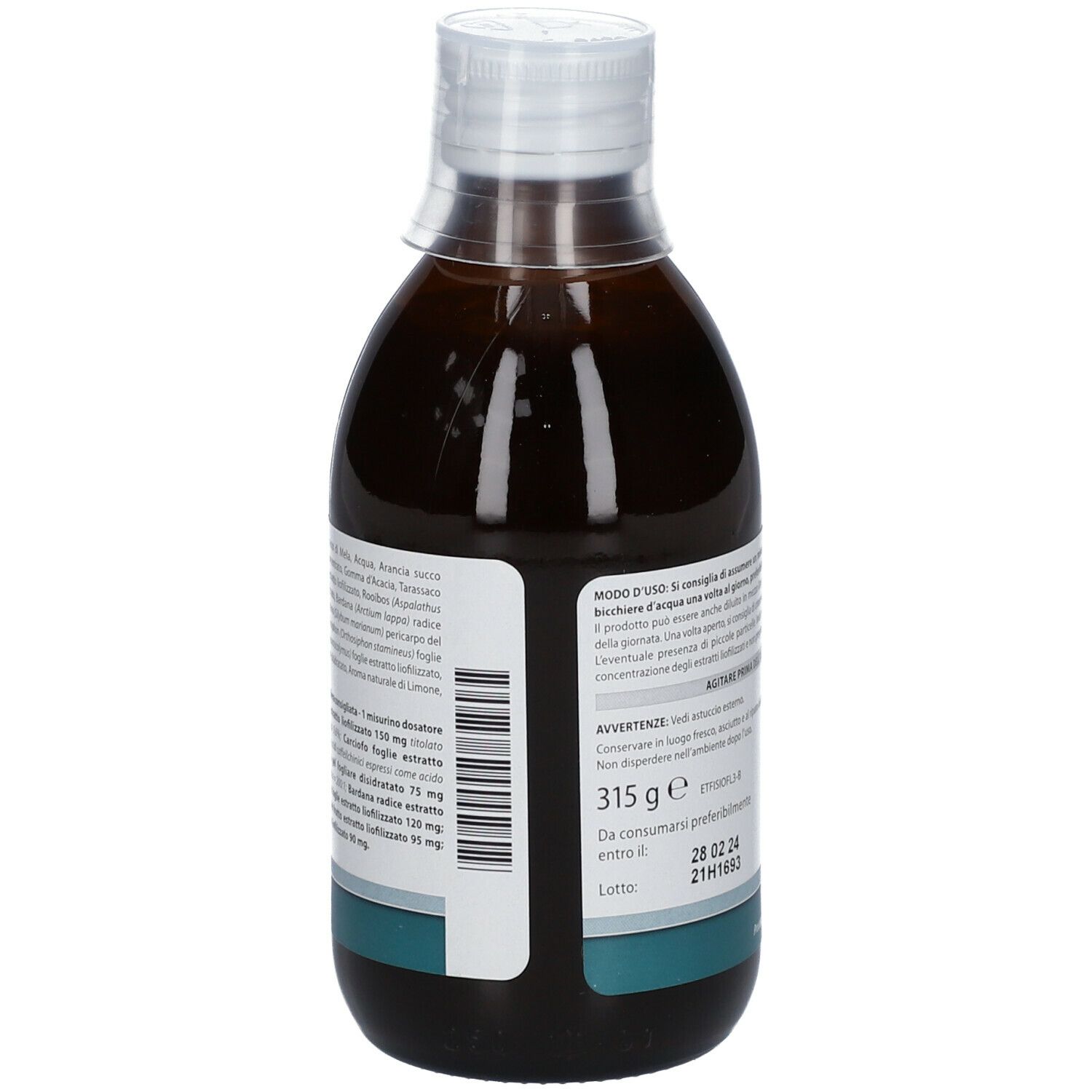 Bottiglia marrone con tappo bianco. Etichetta con informazioni sul prodotto. Testo in italiano. 315 g.