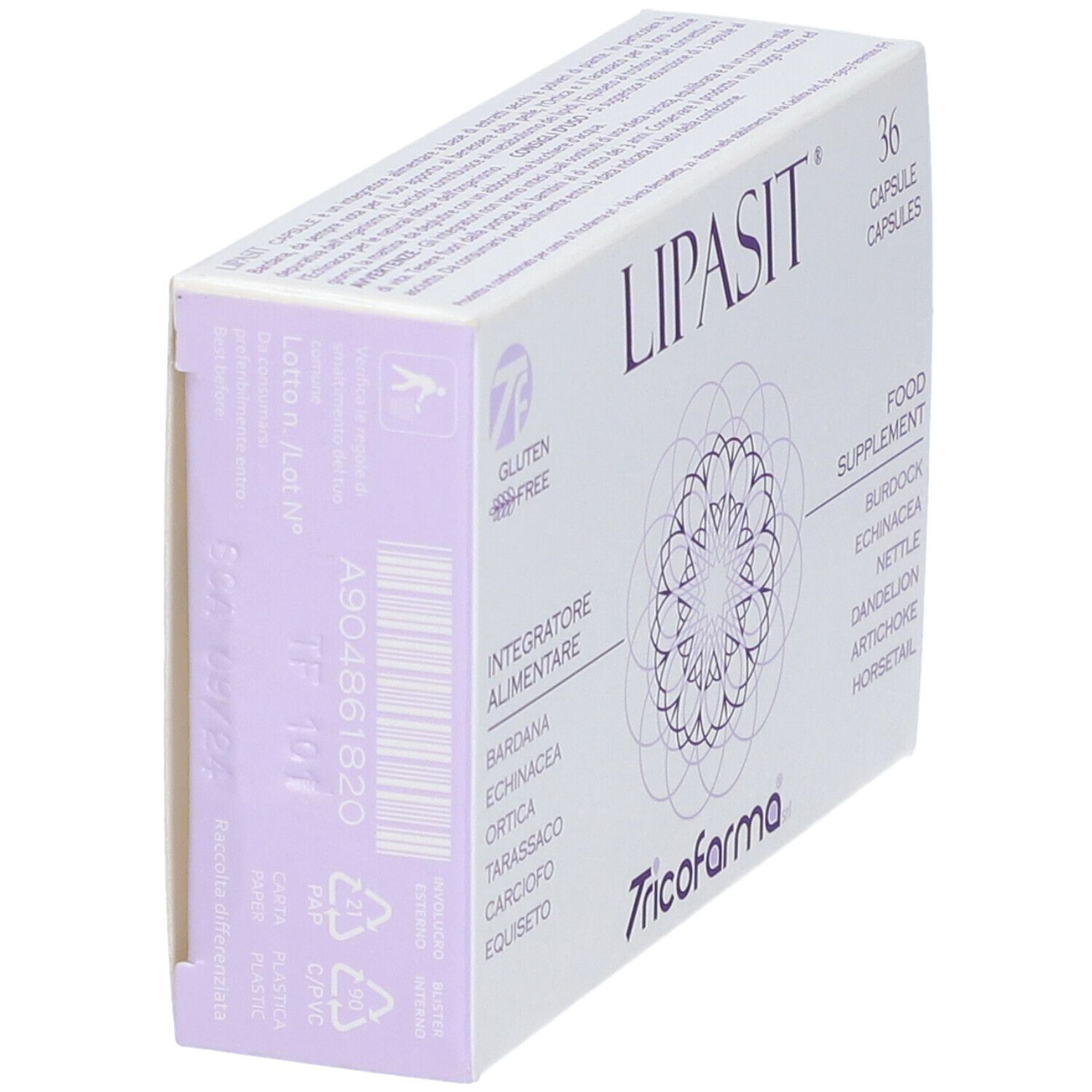 Vista laterale confezione "LIPASIT". Contiene codice a barre, simboli riciclo e testo. Logo senza glutine.