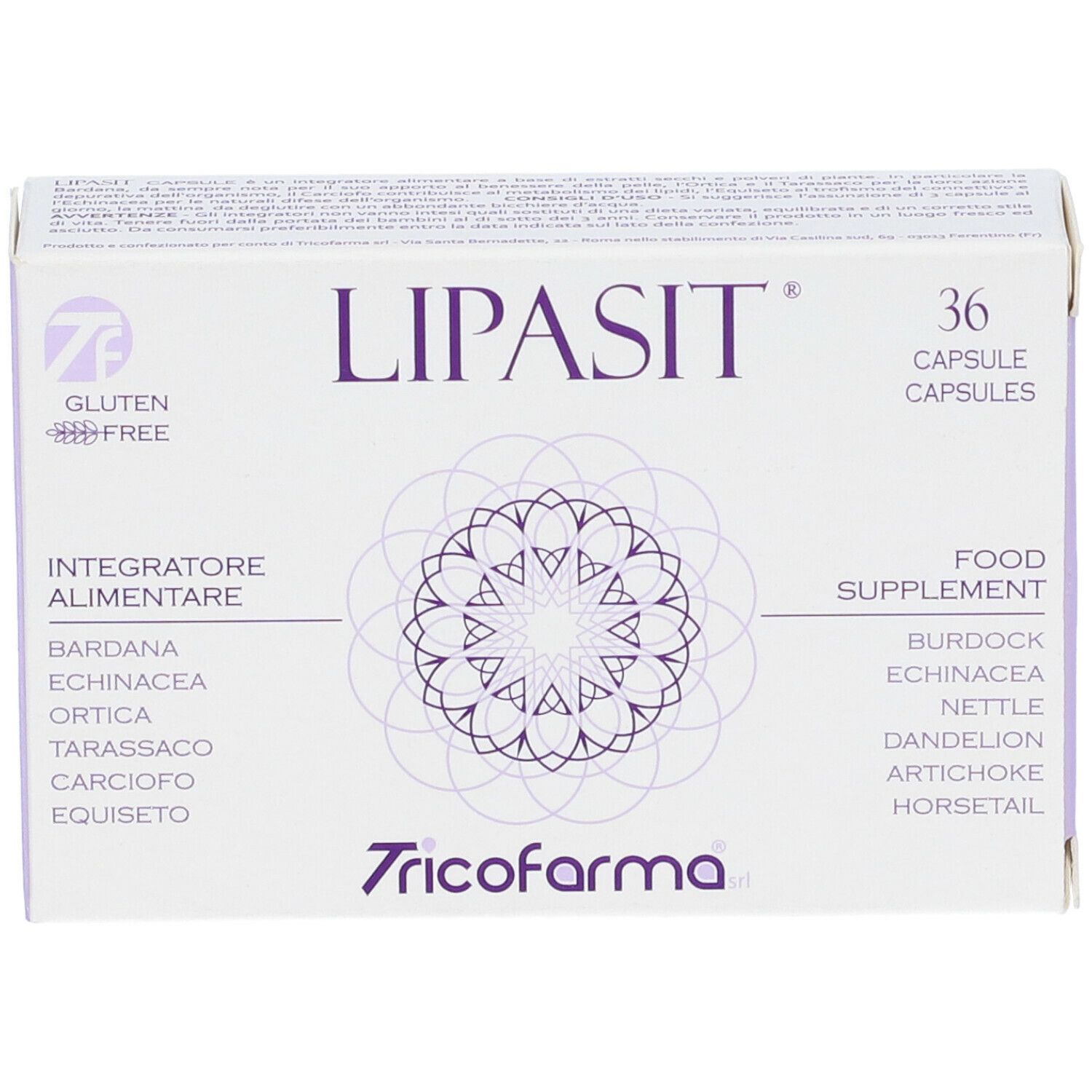 Vista frontale confezione "LIPASIT". Mostra nome prodotto, 36 capsule e logo. Logo senza glutine.