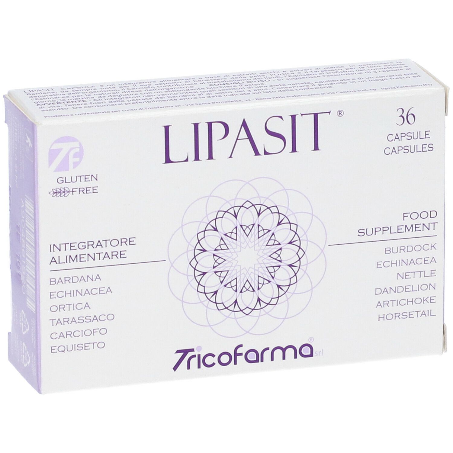 Vista frontale confezione "LIPASIT". Mostra nome prodotto, 36 capsule e logo. Logo senza glutine.
