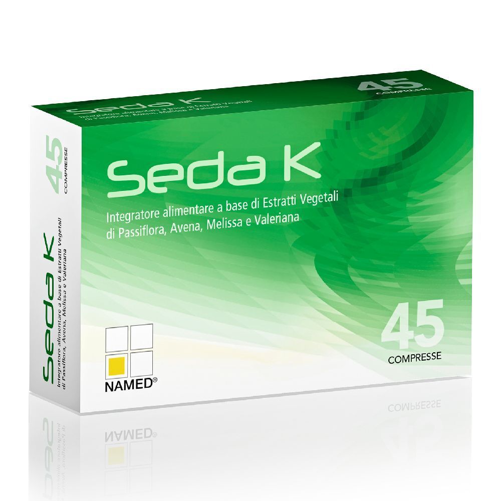 Confezione di NAMED® Seda K® con 45 compresse. Design verde e bianco, nome del prodotto e logo.