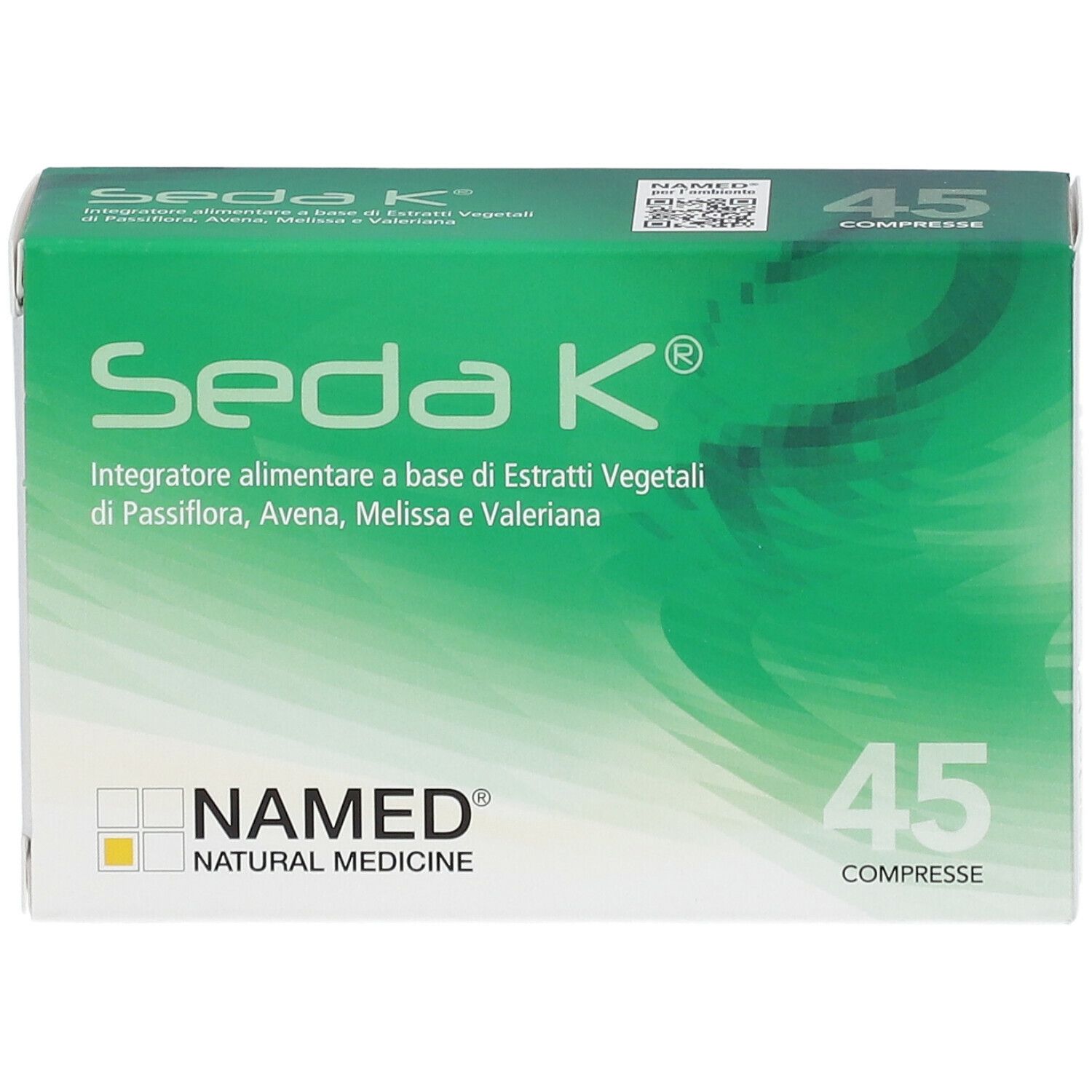 Confezione di NAMED® Seda K® con 45 compresse. Design verde e bianco, nome e logo del prodotto.