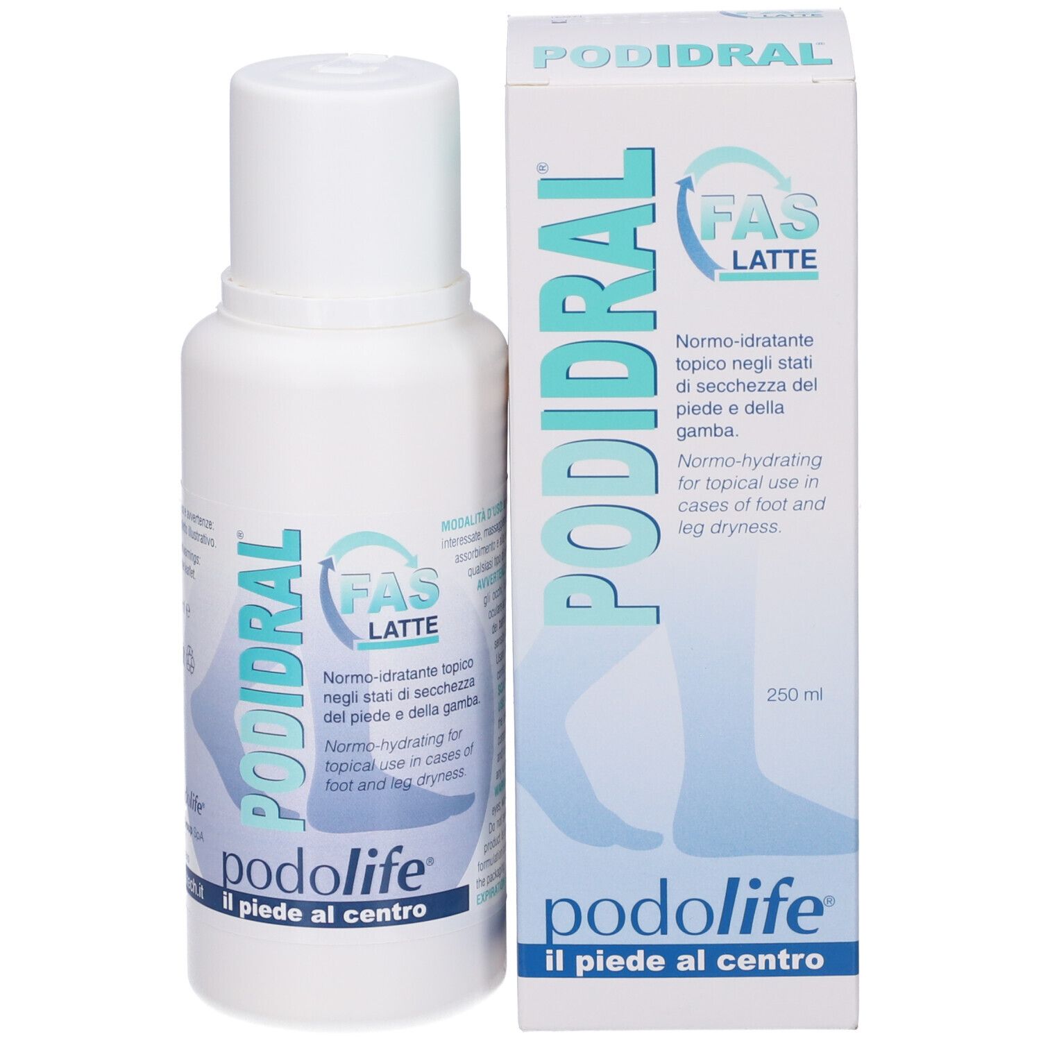 PODIDRAL FAS-Lait Flasche und Verpackung. Text: 250 ml, podolife, il piede al centro. Weißer Deckel.