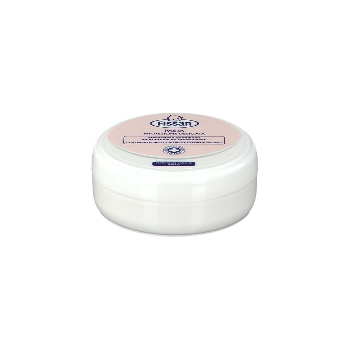 Barattolo rotondo bianco con coperchio rosa. Sul coperchio sono presenti il nome del prodotto e il logo.