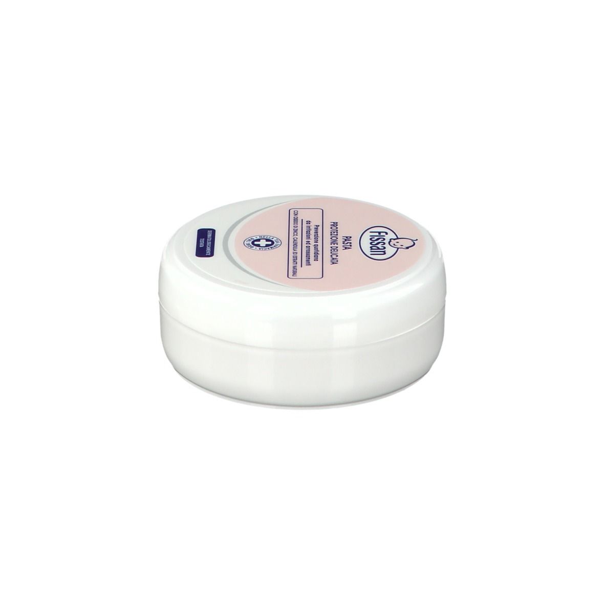 Barattolo rotondo bianco con coperchio rosa. Nome del prodotto e logo sul coperchio.