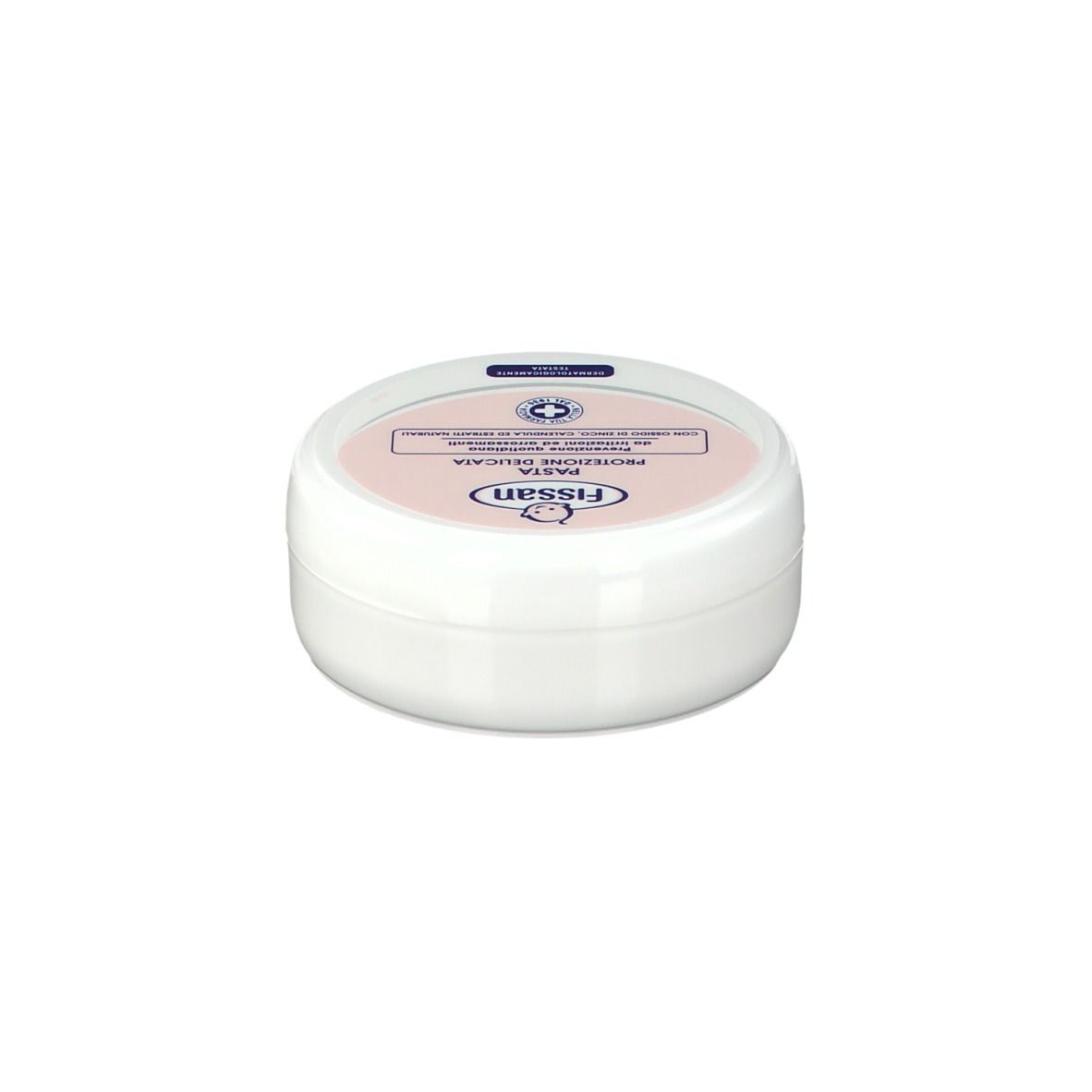 Barattolo rotondo bianco con coperchio rosa. Nome del prodotto e logo sul coperchio.