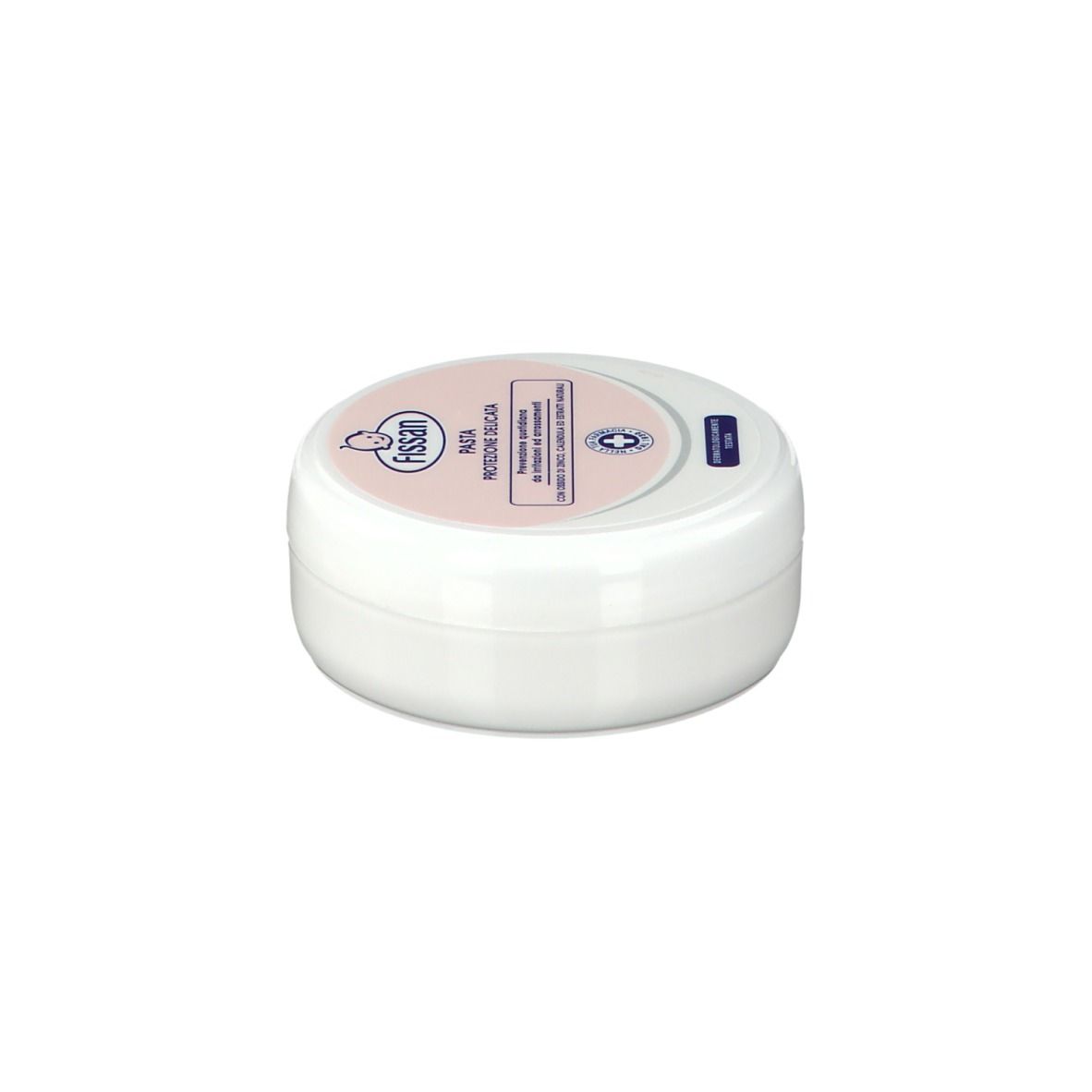 Barattolo rotondo bianco con coperchio rosa. Nome del prodotto e logo sul coperchio.