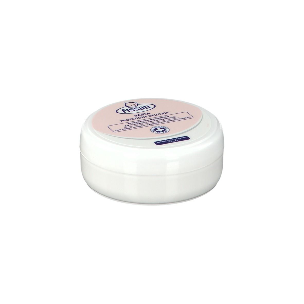 Barattolo rotondo bianco con coperchio rosa. Nome del prodotto e logo sul coperchio.