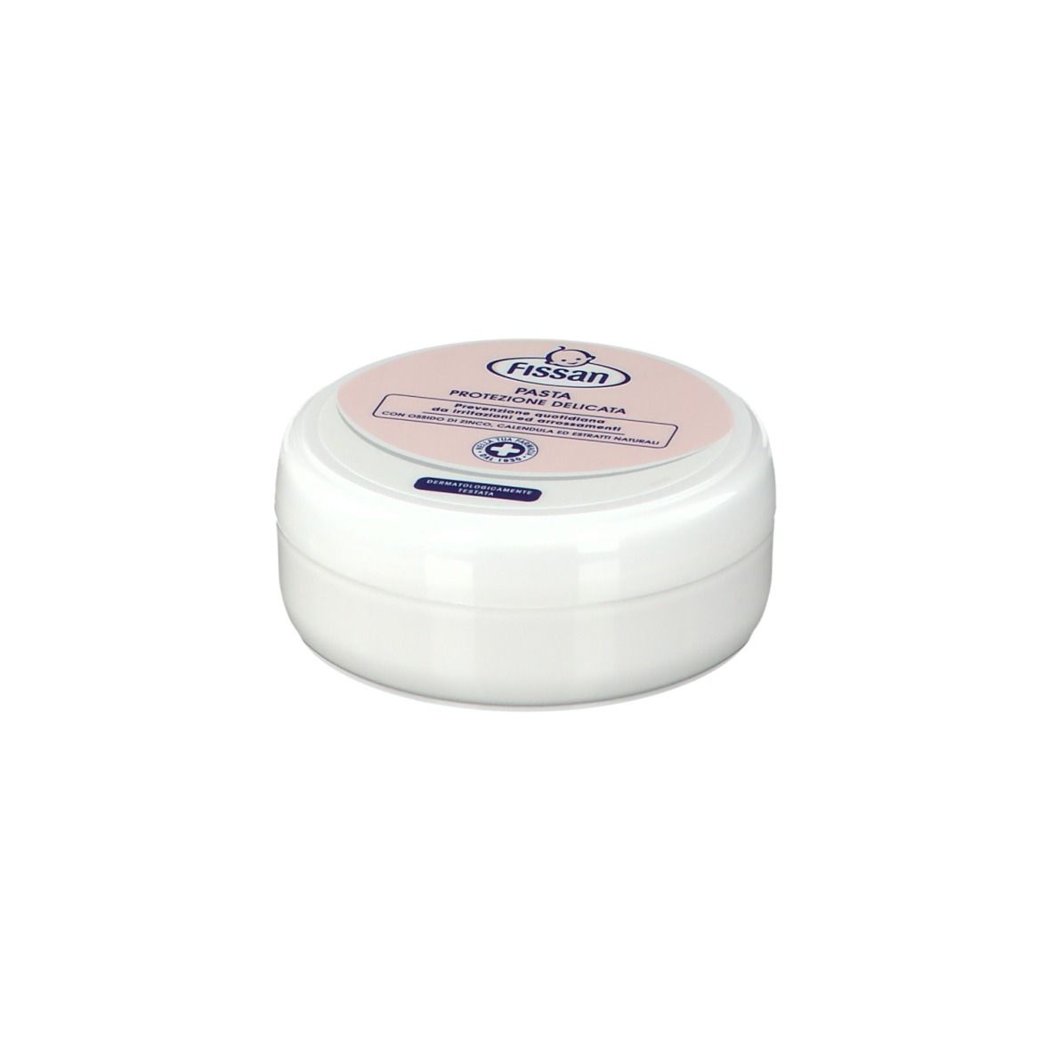 Barattolo rotondo bianco con coperchio rosa. Nome del prodotto e logo sul coperchio.