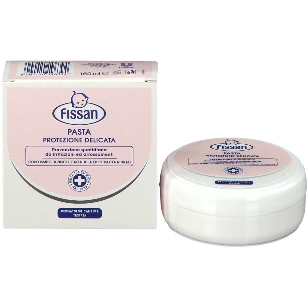 Scatola bianca e barattolo rotondo con coperchio rosa. Nome del prodotto e logo sul coperchio.