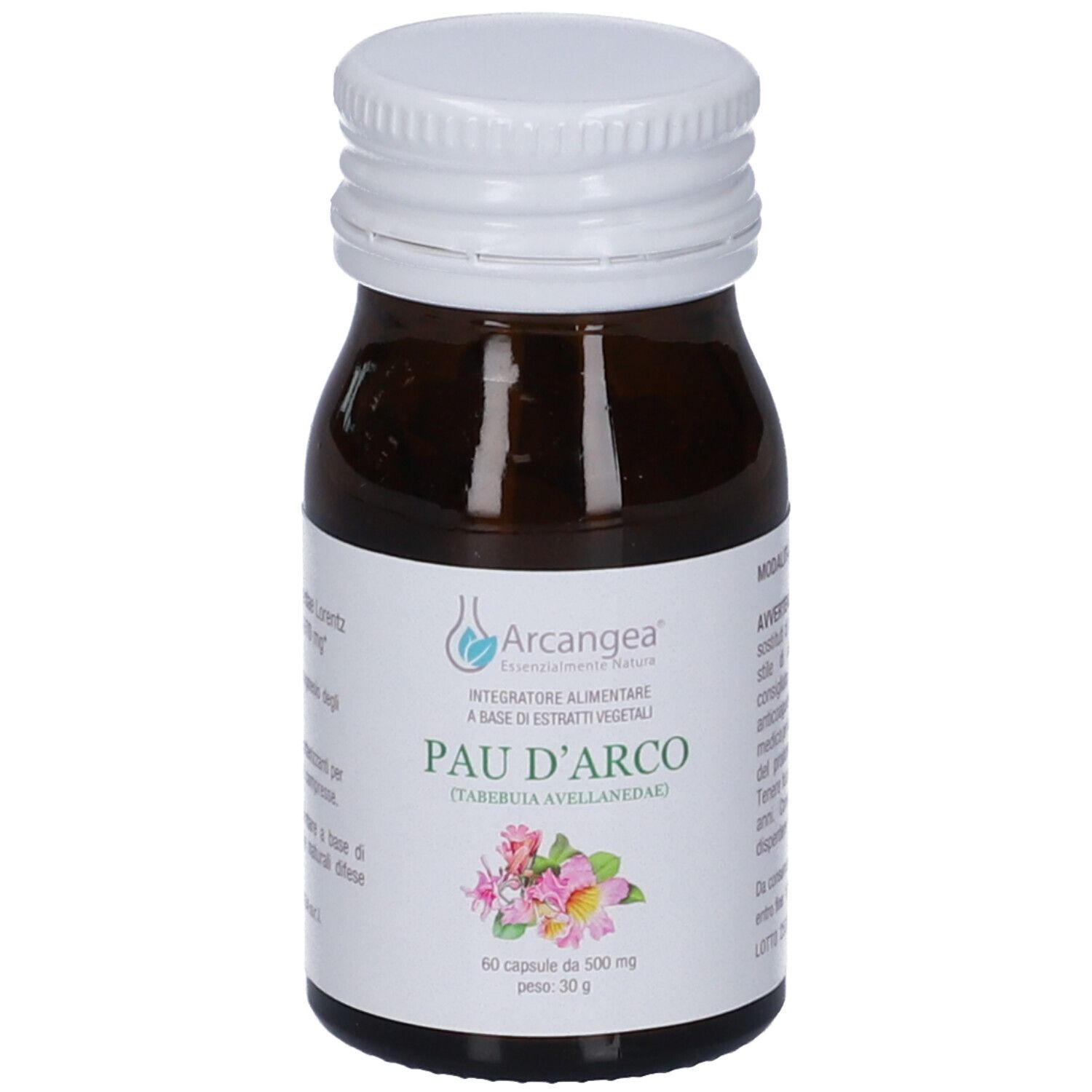 Flacone in vetro ambrato con tappo a vite bianco, etichetta Pau D'Arco e motivo floreale.