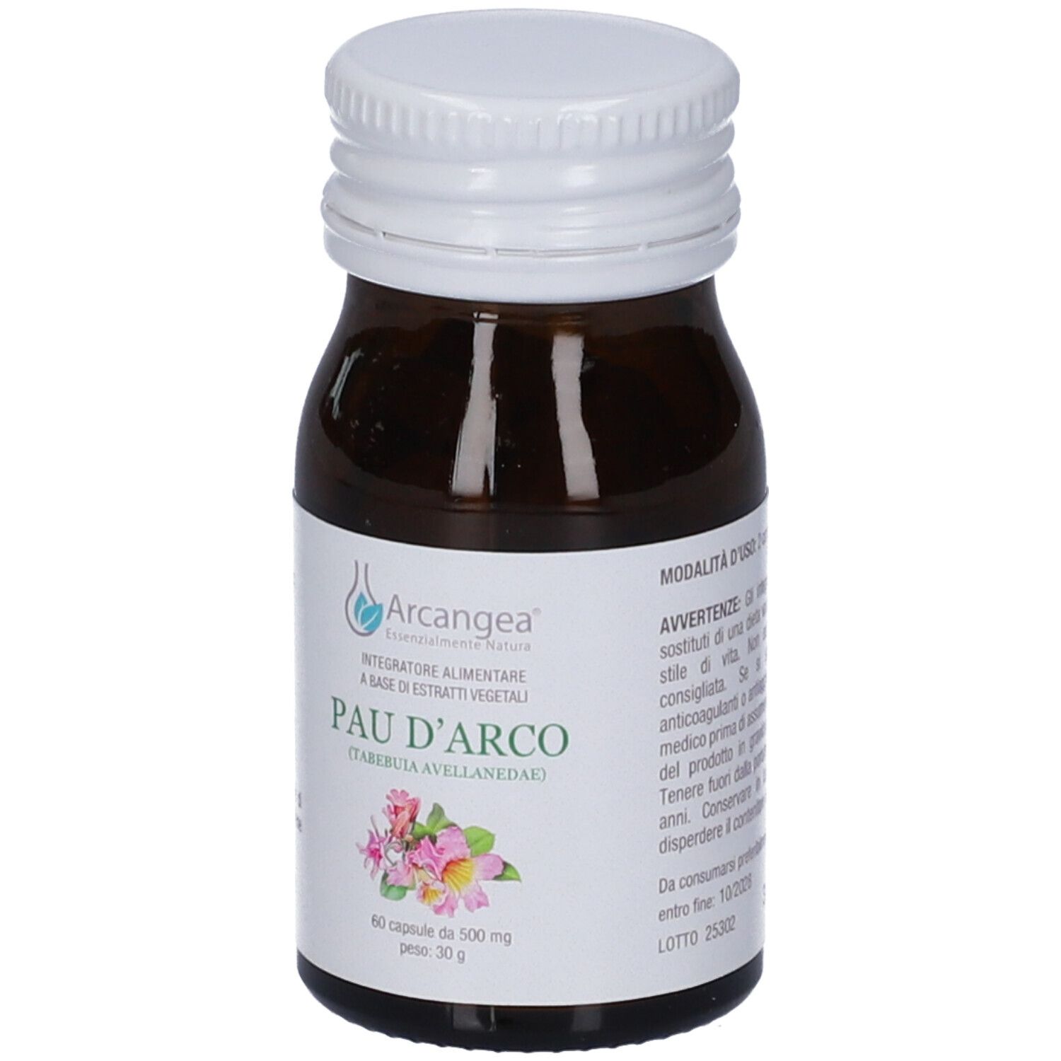 Flacone in vetro ambrato con tappo a vite bianco, etichetta Pau D'Arco e motivo floreale.