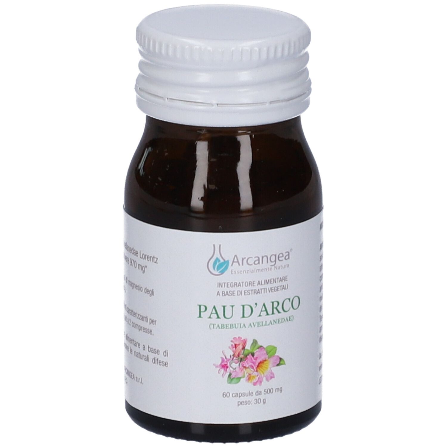 Flacone in vetro ambrato con tappo a vite bianco, etichetta Pau D'Arco e motivo floreale.