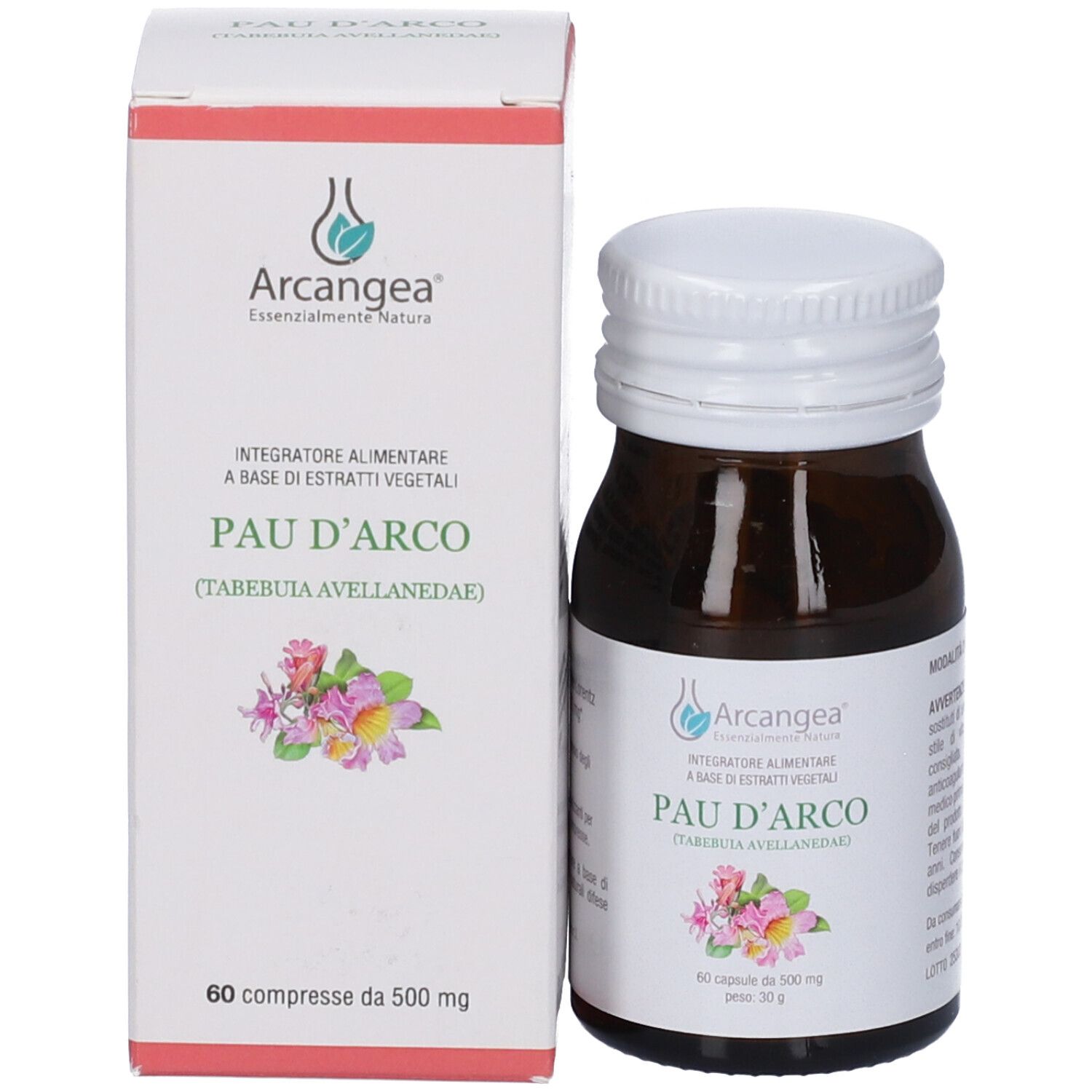 Flacone di capsule Pau D'Arco e scatola di imballaggio con etichette e motivo floreale.