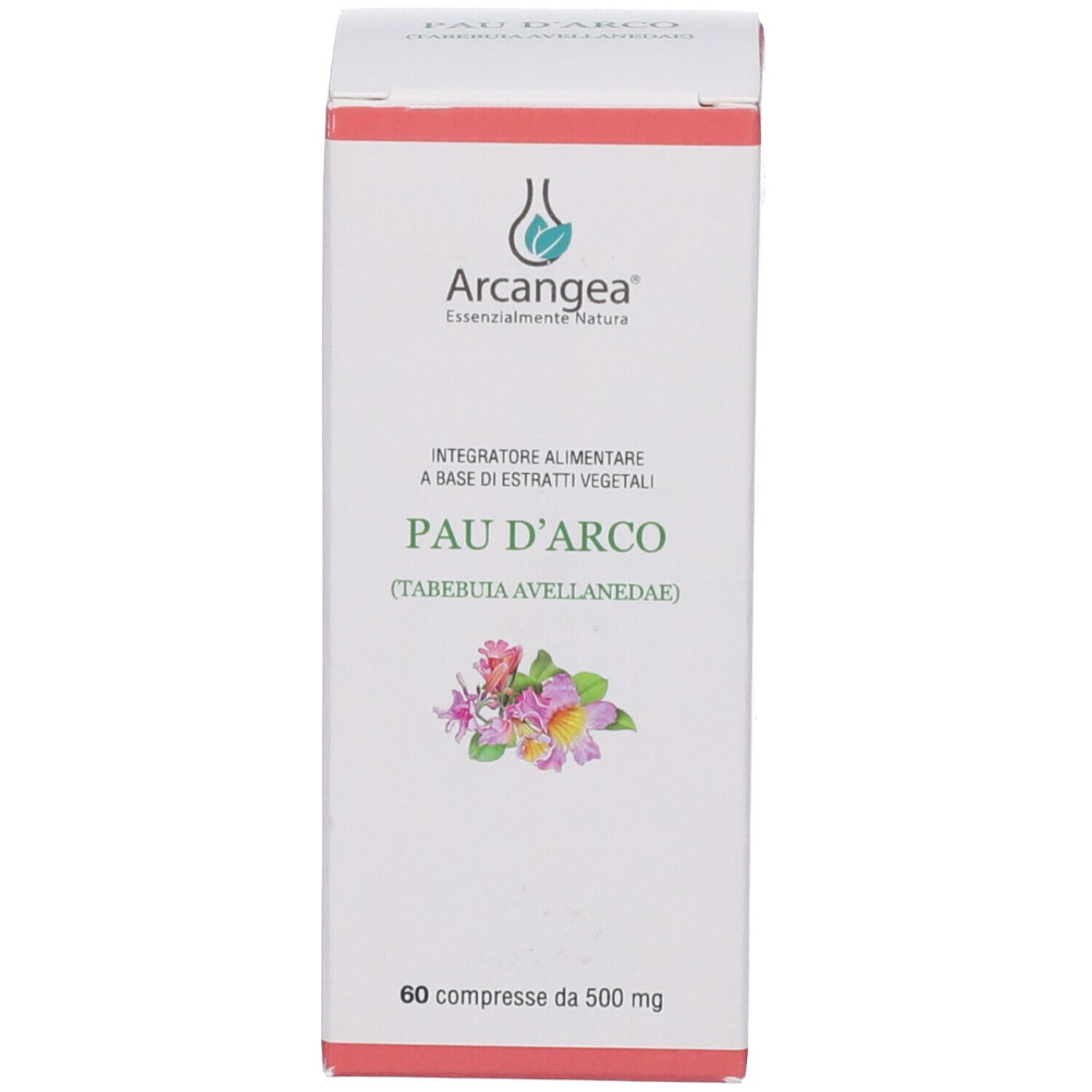Scatola di imballaggio per capsule Pau D'Arco con etichetta che indica 60 capsule da 500 mg.