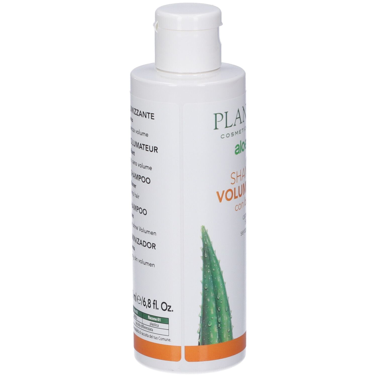 Weiße Flasche mit Aloe-Vera-Motiv, "SHAMPOO VOLUME" Aufschrift.