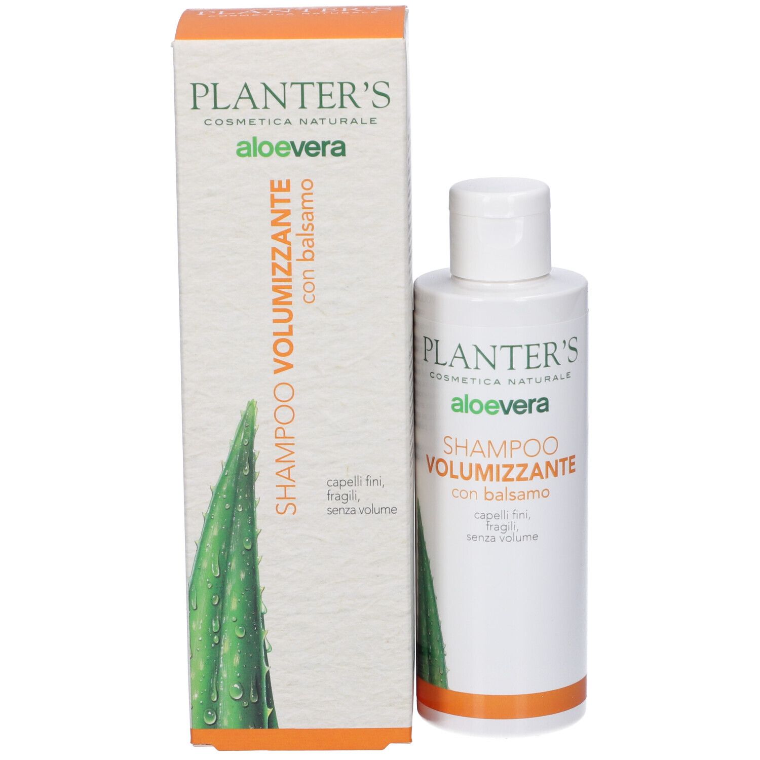 Planter's Shampoo mit Aloe Vera für feines, kraftloses Haar. Flasche und Karton mit Aloe-Motiv.