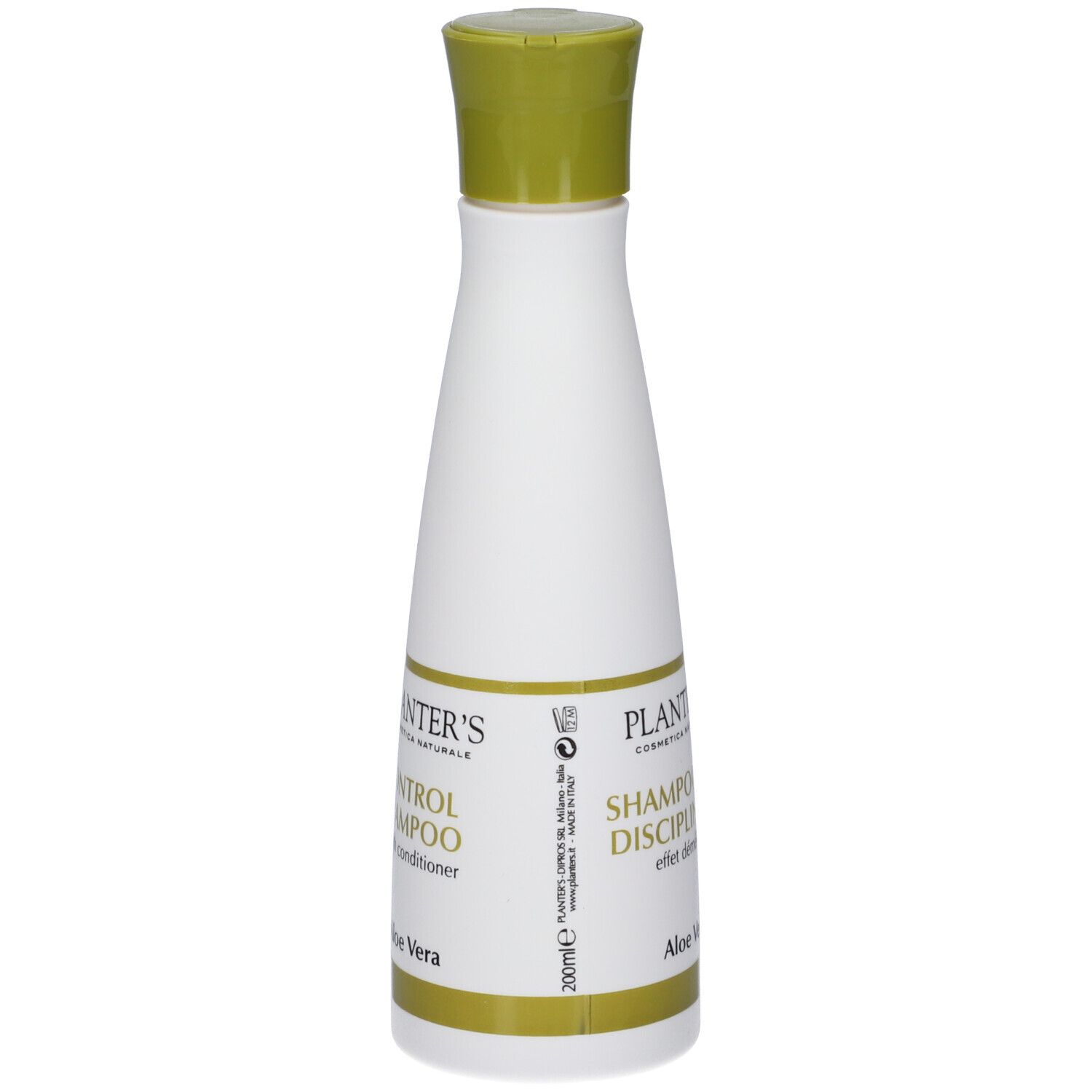 Weiße Flasche mit grünem Klappverschluss, Etikett mit grünen Akzenten und Aloe Vera Schriftzug.