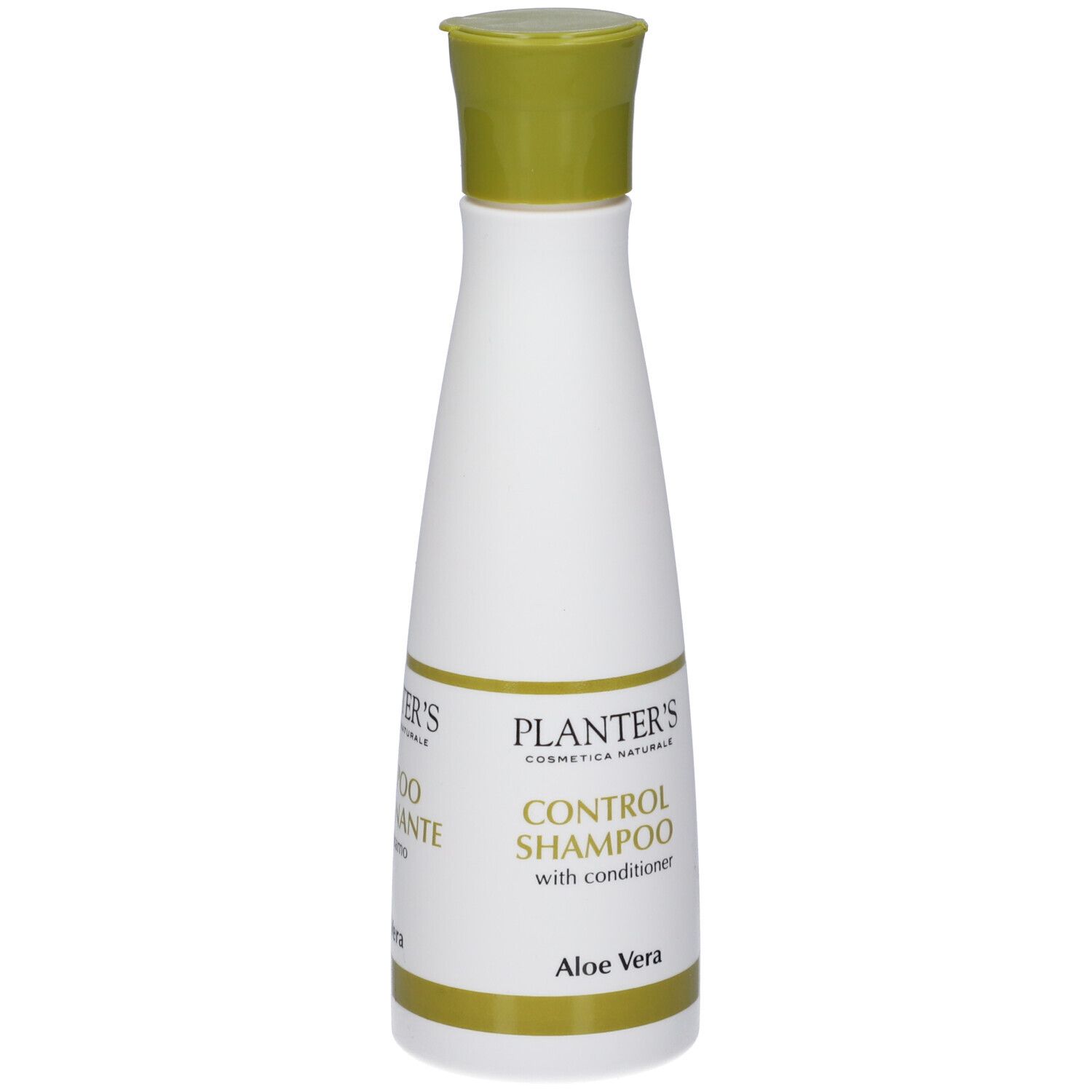 Weiße Flasche mit grünem Verschluss, "PLANTER'S CONTROL SHAMPOO" Etikett.