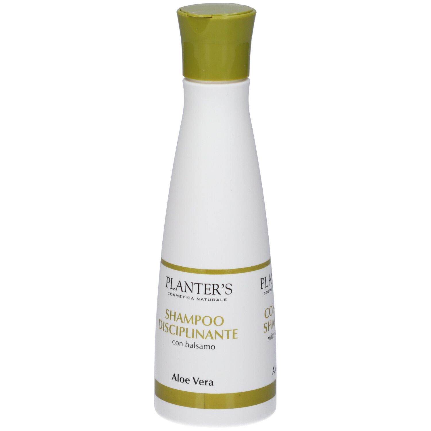 Weiße Flasche mit grünem Verschluss, Planter's Shampoo Disciplinante mit Balsam, Aloe Vera.