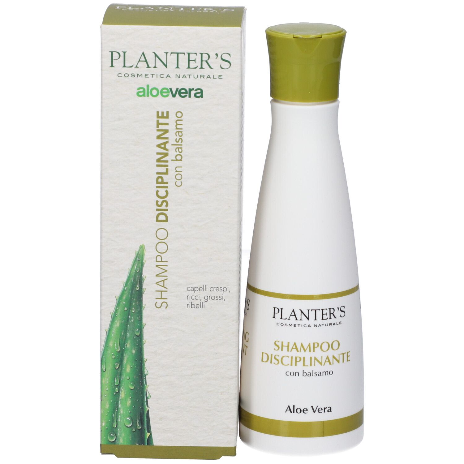 Weiße Flasche und Karton "PLANTER'S SHAMPOO DISCIPLINANTE", Aloe Vera.