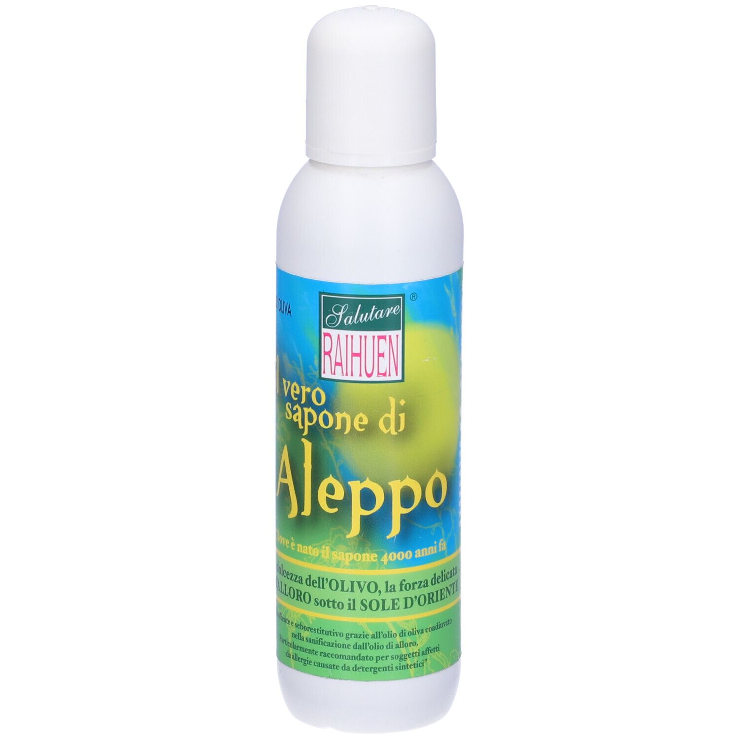 Flacone bianco-verde con scritta 'vero sapone di Aleppo'. Tappo bianco. Testo in italiano.