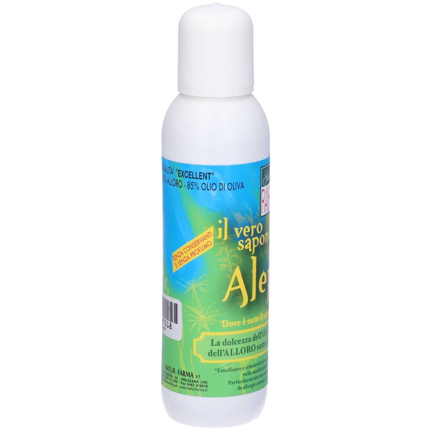 Flacone bianco con etichetta verde-blu. Scritta 'il vero sapone di Aleppo'. Tappo bianco. Testo in italiano.