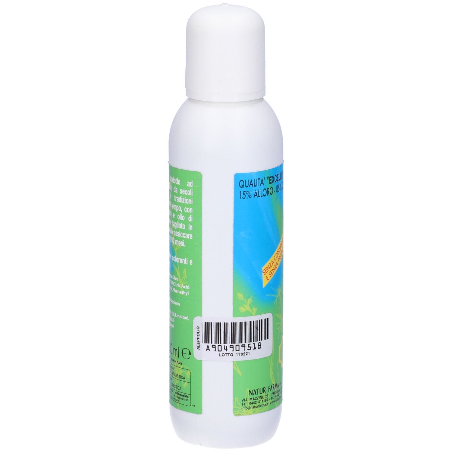 Flacone bianco con etichetta verde-blu. Scritta 'Qualità eccellente'. Codice a barre. Testo in italiano.
