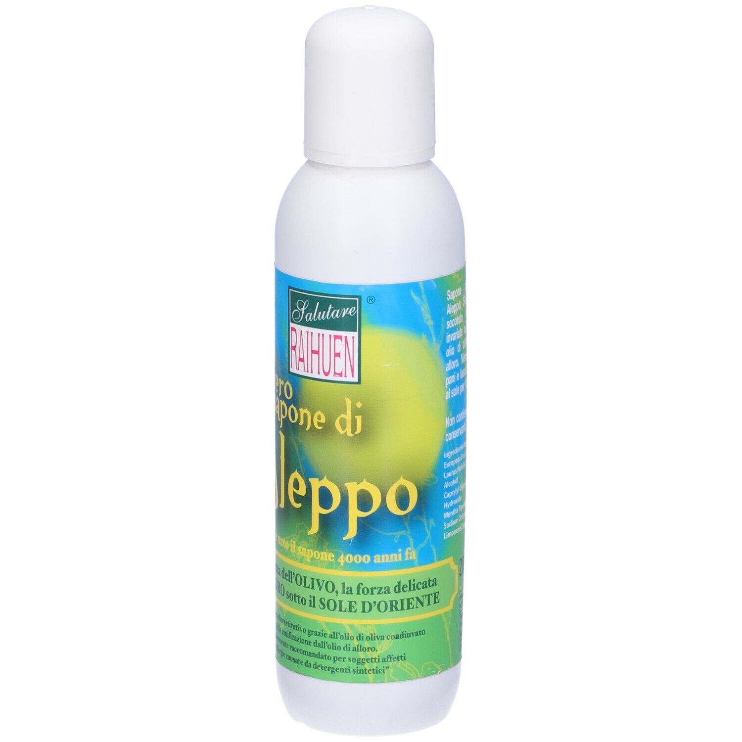 Flacone bianco con etichetta verde-blu. Scritta 'vero sapone di Aleppo'. Tappo bianco. Testo in italiano.