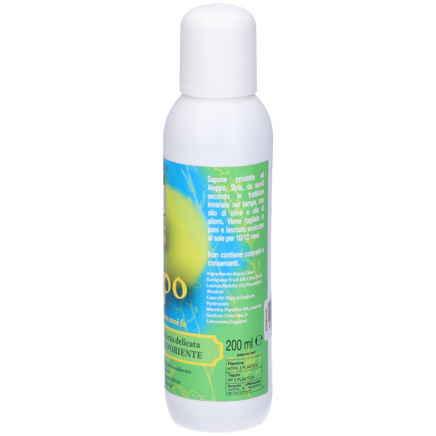 Flacone bianco con etichetta verde. Scritta 'sapone di Aleppo'. Testo in italiano. Volume: 200 ml.