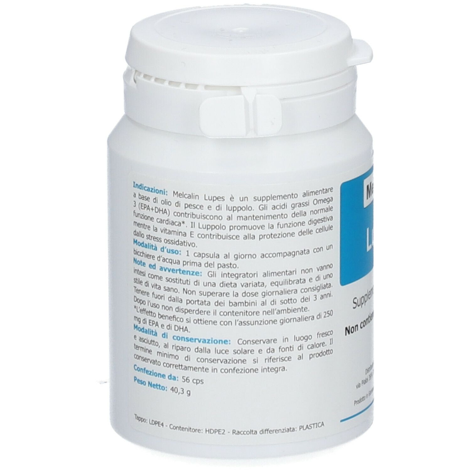 Flacone bianco con etichetta blu. Testo: Melcalin Lupes. Integratore alimentare. Non contiene glutine e lattosio. Retro con testo.