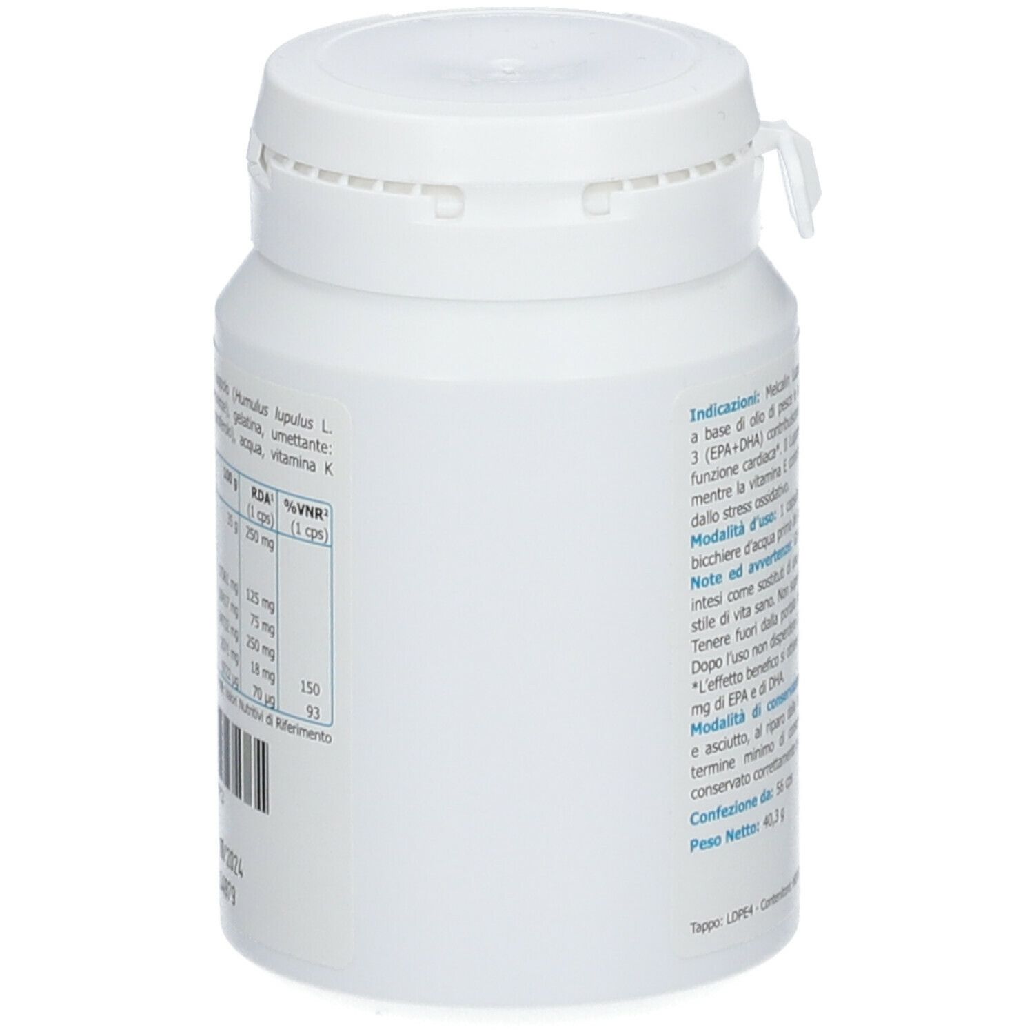 Flacone bianco, retro con etichetta blu. Testo: Melcalin Lupes. Ingredienti e informazioni nutrizionali. Data di scadenza.