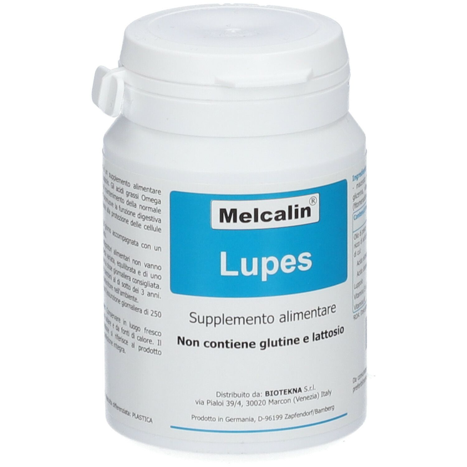 Flacone bianco con etichetta blu. Scritta: Melcalin Lupes. Integratore alimentare. Non contiene glutine e lattosio.