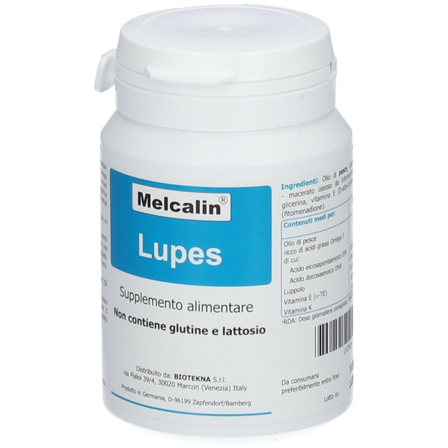 Flacone bianco con etichetta blu. Scritta: Melcalin Lupes. Integratore alimentare. Non contiene glutine e lattosio. Elenco ingredienti.