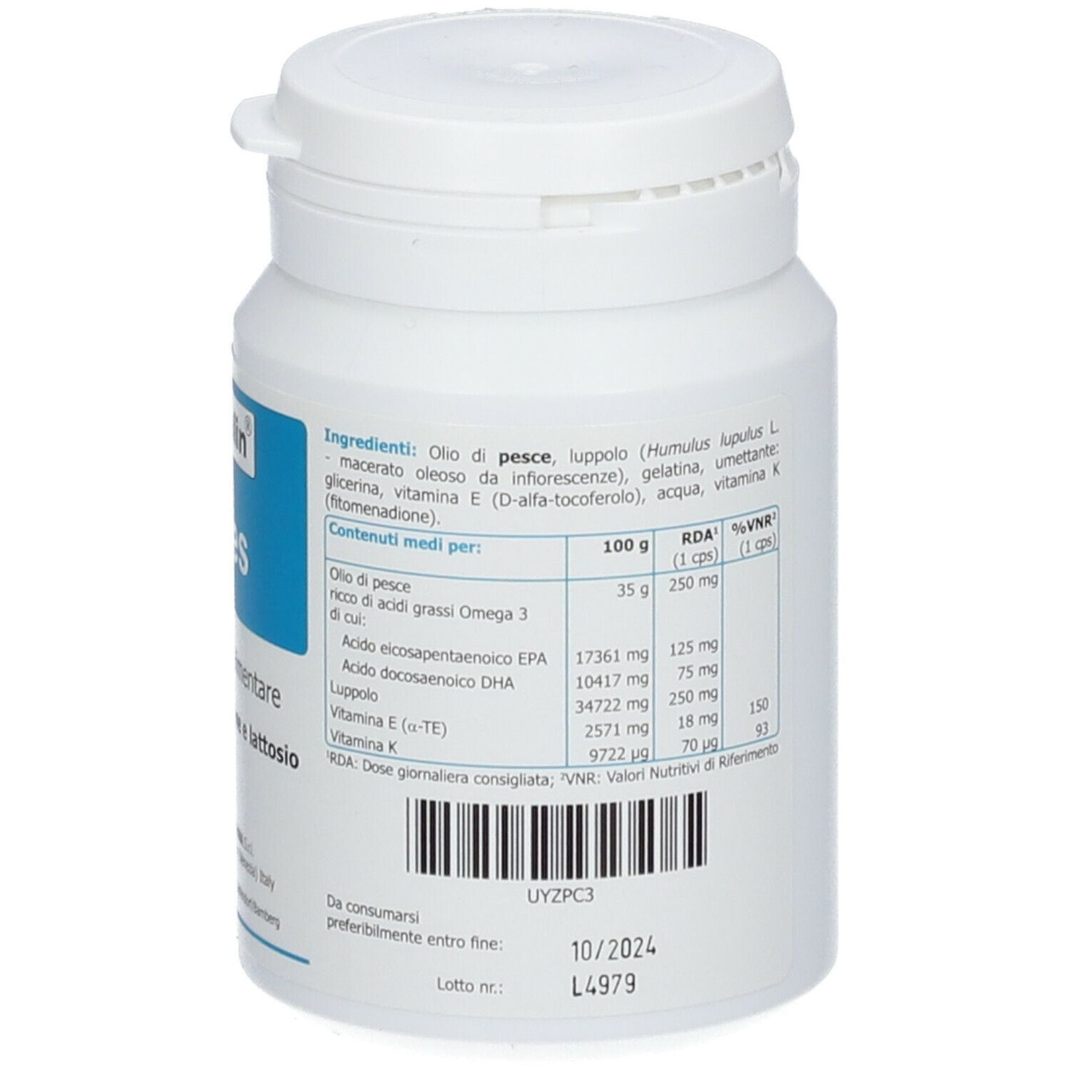 Flacone bianco, retro con etichetta blu. Testo: Melcalin Lupes. Ingredienti, informazioni nutrizionali. Data di scadenza.