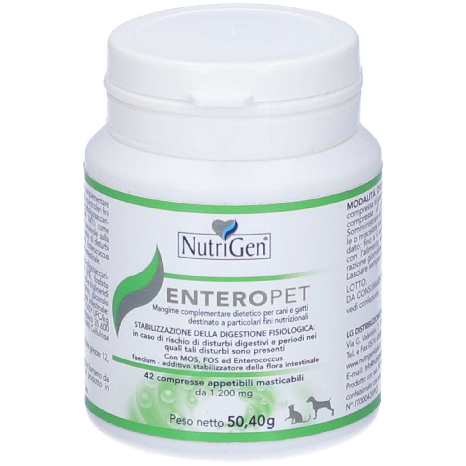 Barattolo bianco con etichetta verde. Scritta Enteropet, 42 compresse. Marchio NutriGen. Per cani e gatti.